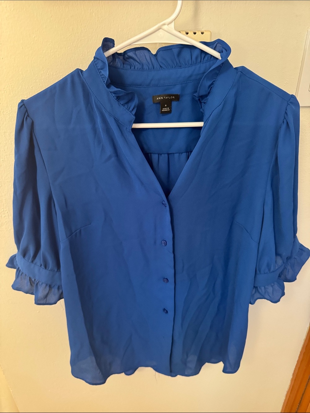 Ann Taylor Royal Blue Ruffle Collar Button-Down Blouse